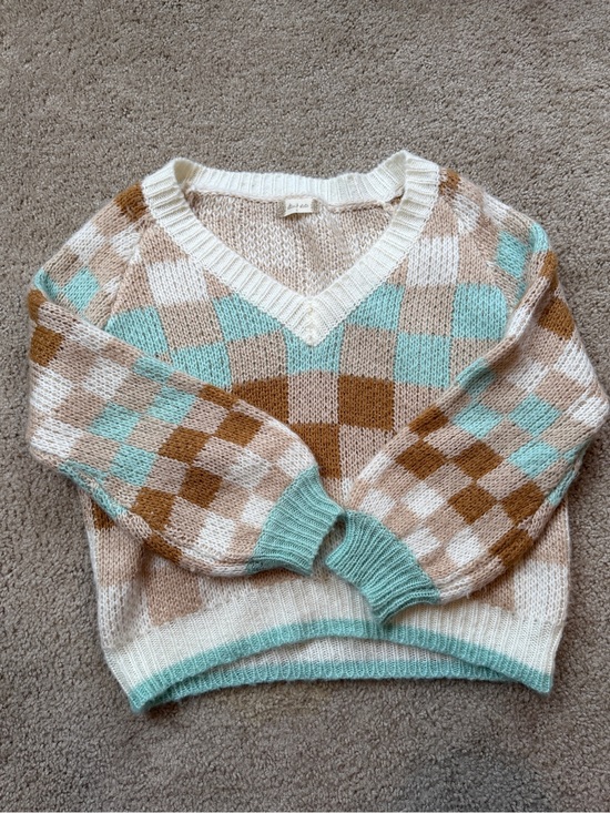 Altar'd State Sweaters - Altrd State V-Neck Checkered Knit Sweater in Cream, Tan & Aqua
